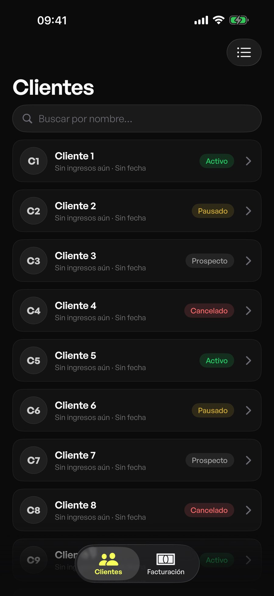 Lista de clientes en Fitsy