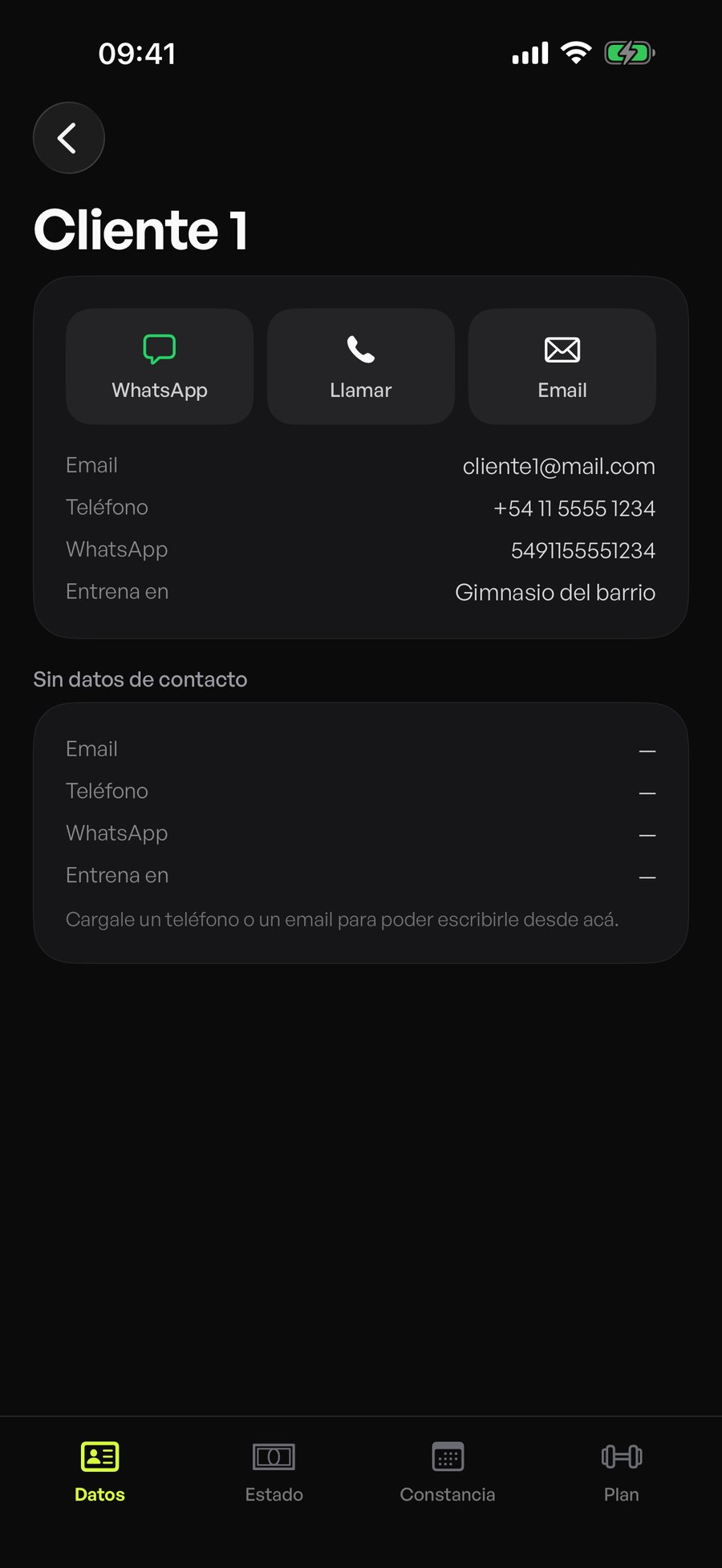 Datos de contacto de un cliente