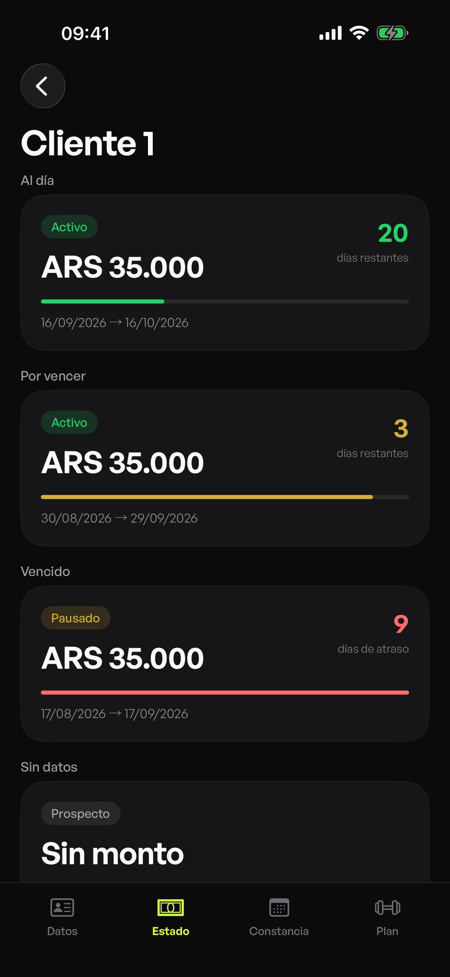 Estado de cobros de un cliente en Fitsy